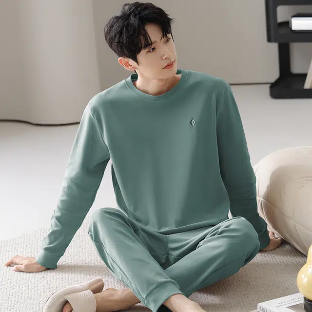 俏佳人 纯棉圆领套头基础休闲宽松柔软舒适可外穿长袖长裤家居服睡衣套装 男款