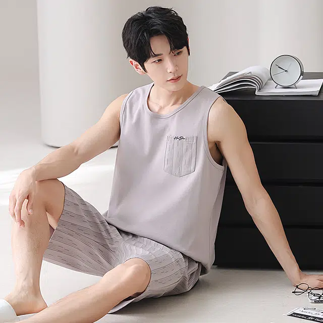 俏佳人 纯棉舒适透气慵懒休闲背心家居服睡衣套装 男款