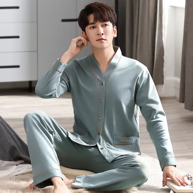 俏佳人 纯色开衫和尚领简约家居服休闲宽松亲肤舒适透气可外穿长袖长裤睡衣套装 男款