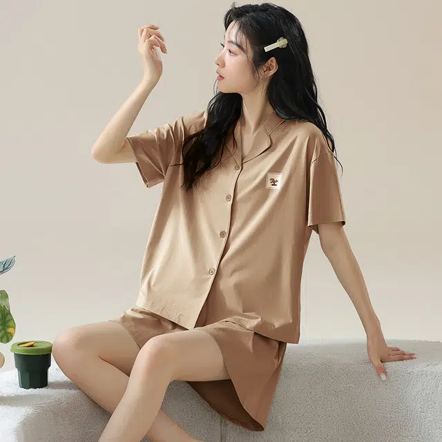 俏佳人 柔软亲肤基础休闲开衫慵懒宽松短袖短裤家居服睡衣套装 女款