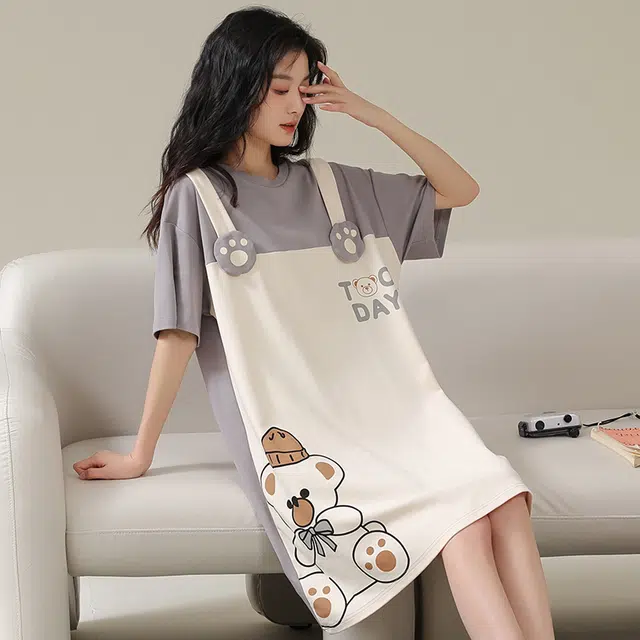 俏佳人 柔软亲肤小熊公主风休闲套头慵懒短袖家居服睡裙 女款