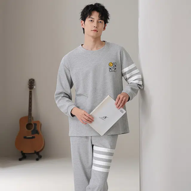俏佳人 华夫格纯棉简约宽松休闲可外穿圆领套头柔软舒适透气家居服长袖长裤睡衣套装 男款