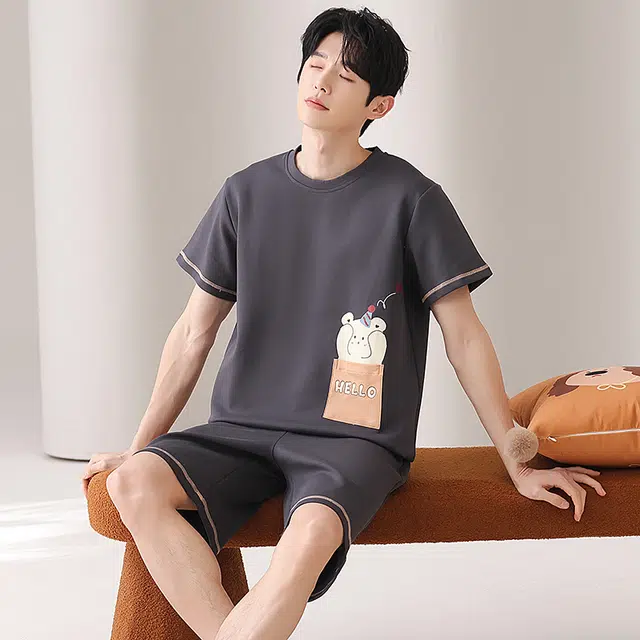 俏佳人 短袖纯棉舒适休闲慵懒透气家居服睡衣套装 男款