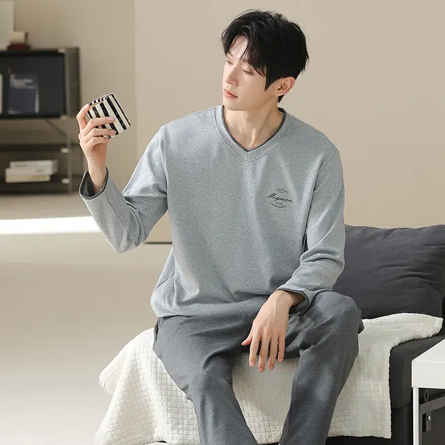 俏佳人 纯棉套头圆领休闲宽松可外穿家居服纯色字母柔软亲肤舒适透气长袖长裤睡衣套装 男款