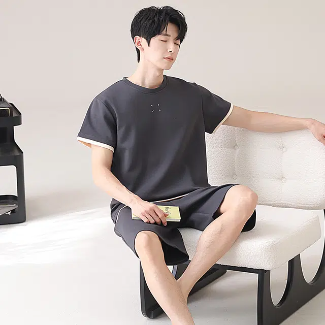 俏佳人 纯棉慵懒短袖舒适透气基础家居服纯色休闲睡衣套装 男款