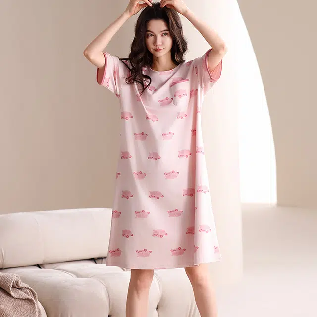 俏佳人 带胸垫纯棉公主风休闲柔软舒适透气可外穿短袖家居服睡裙 女款