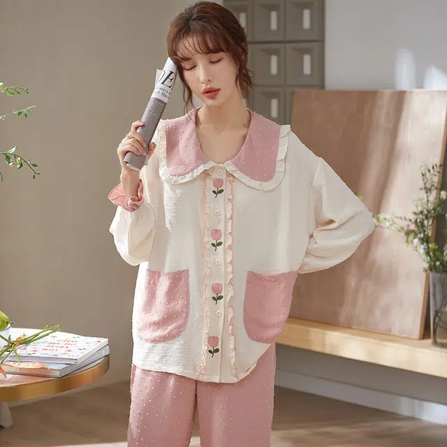 俏佳人 云朵棉系列 开衫甜美公主风简约花卉休闲宽松透气亲肤舒适长袖长裤家居服睡衣套装 女款