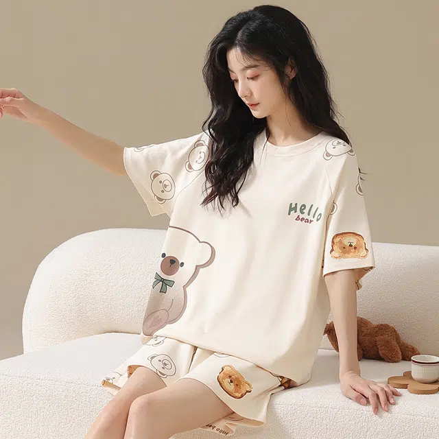 俏佳人 甜美卡通柔软亲肤休闲可外穿短袖慵懒家居服睡衣套装 女款