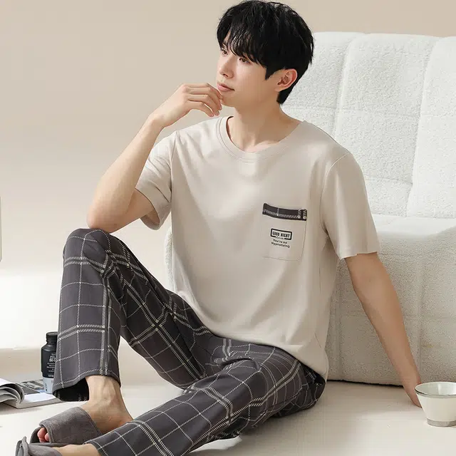 俏佳人 柔软亲肤格子条纹休闲短袖长裤慵懒家居服睡衣套装 男款