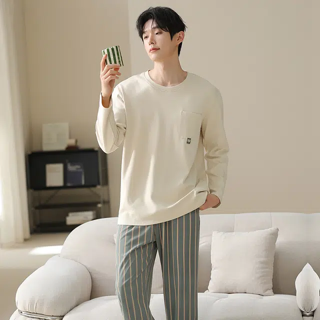 俏佳人 纯棉套头圆领休闲宽松可外穿纯色家居服条纹柔软亲肤舒适透气长袖长裤睡衣套装 男款