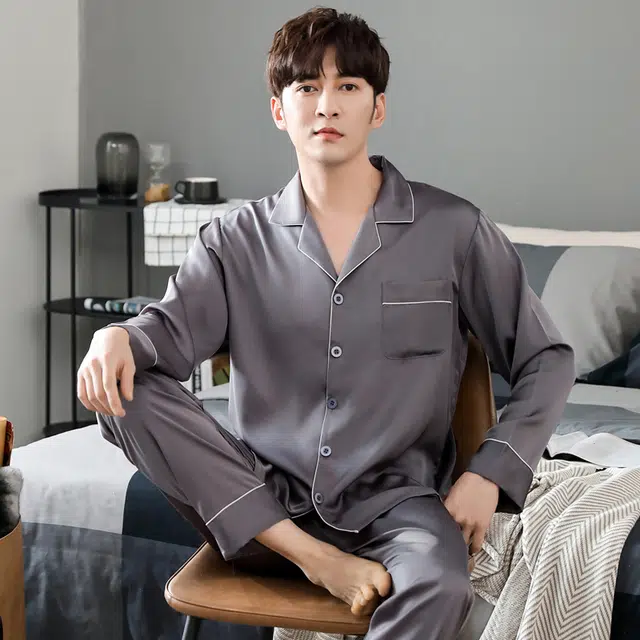 俏佳人 丝滑冰丝高级感开衫翻领纯色简约休闲家居服亲肤舒适透气长袖长裤睡衣套装 男款