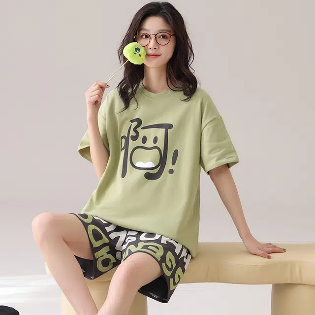 俏佳人 舒适透气纯棉套头休闲慵懒短袖家居服柔软亲肤睡衣套装 女款