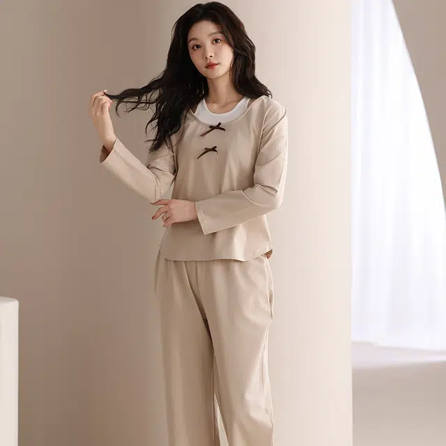 俏佳人 纯棉圆领套头假两件设计感上衣休闲长裤宽松舒适亲肤透气可外穿家居服睡衣套装 女款
