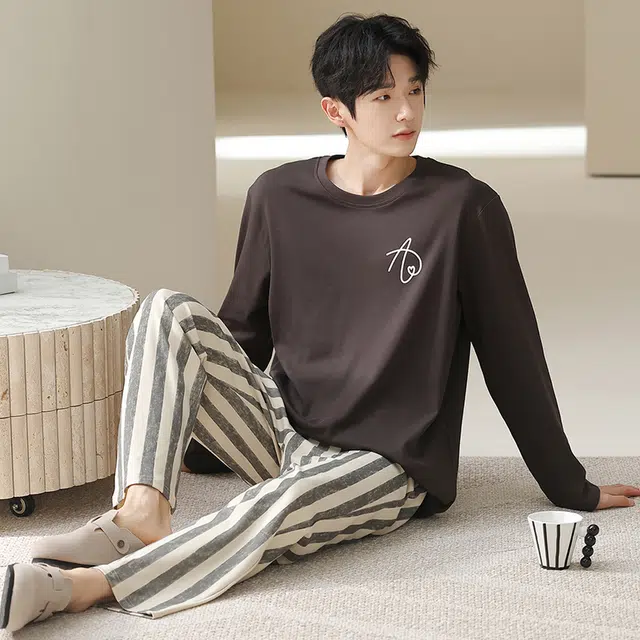 俏佳人 纯棉套头圆领休闲宽松可外穿家居服纯色复古条纹柔软亲肤舒适透气长袖长裤睡衣套装 男款