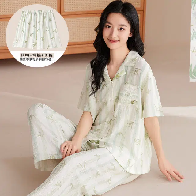 俏佳人 植物印花三件套舒适开衫透气亲肤短袖家居服睡衣套装 女款