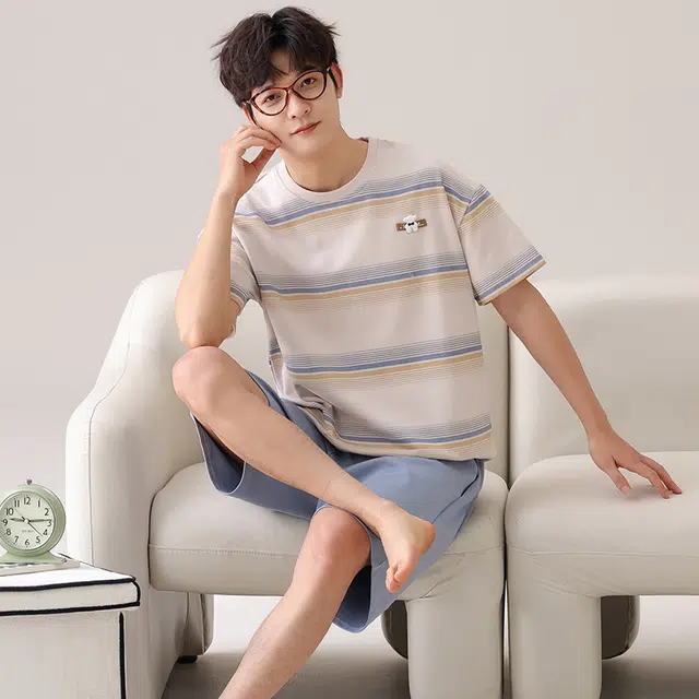 俏佳人 舒适透气条纹印花休闲慵懒短袖家居服柔软亲肤睡衣套装 男款