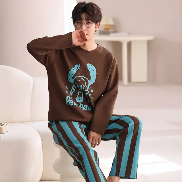俏佳人 纯棉圆领套头卡通条纹休闲舒适可外穿长袖长裤时尚家居服睡衣套装 男款