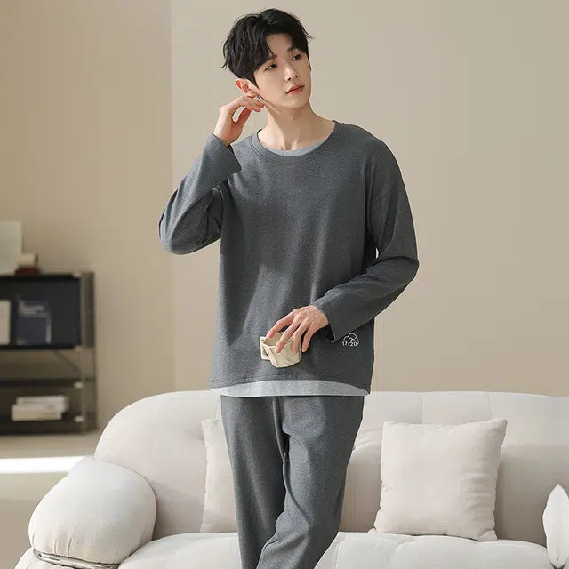 俏佳人 纯棉套头圆领休闲宽松可外穿家居服拼色亲肤柔软舒适透气长袖长裤睡衣套装 男款