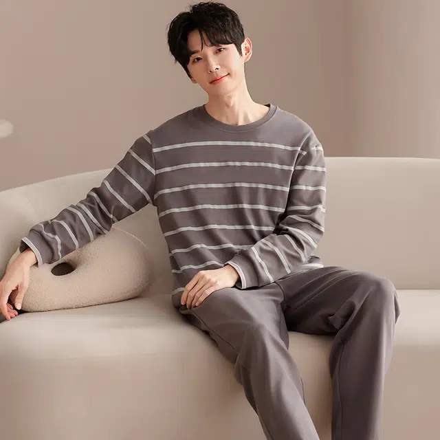 俏佳人 纯棉圆领套头基础条纹休闲宽松柔软舒适可外穿长袖长裤家居服睡衣套装 男款