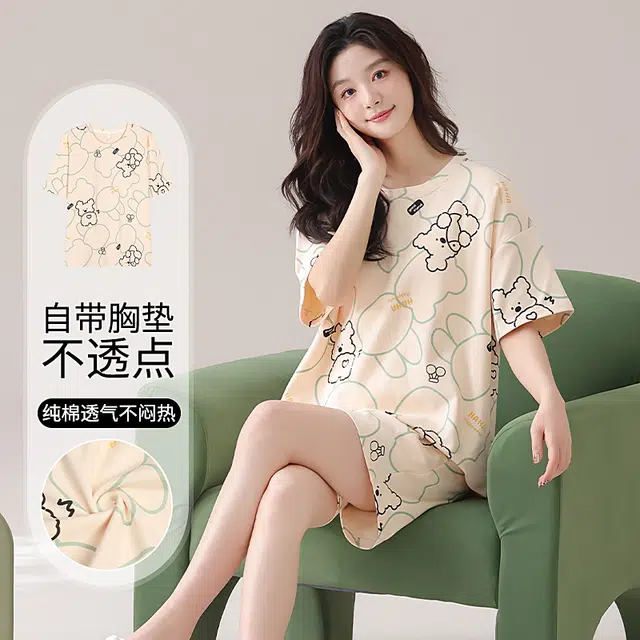 俏佳人 带胸垫纯棉圆领套头舒适透气慵懒休闲可外穿圆领短袖短裤家居服睡衣套装 女款