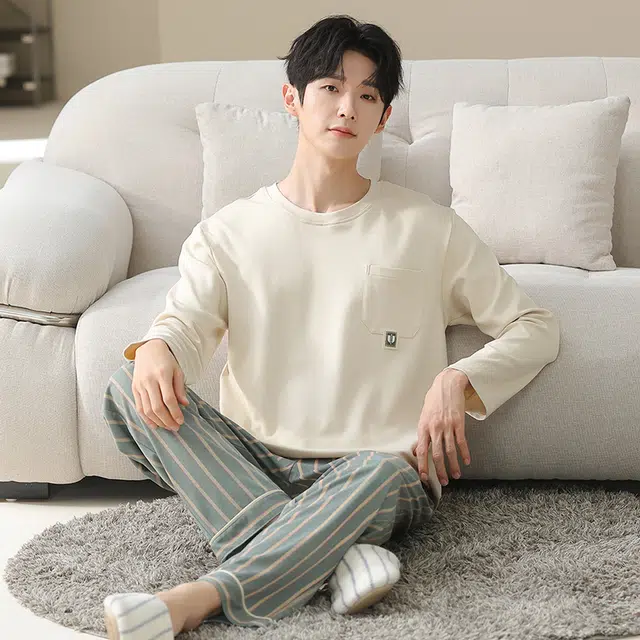 俏佳人 纯棉套头圆领休闲宽松可外穿纯色家居服条纹柔软亲肤舒适透气长袖长裤睡衣套装 男款