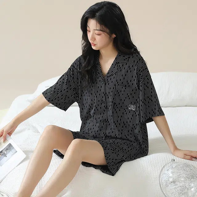 俏佳人 基础柔软亲肤复古休闲开衫慵懒宽松短袖短裤家居服睡衣套装 女款