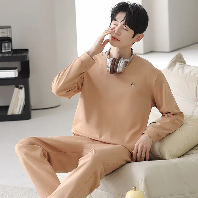 俏佳人 纯棉圆领套头休闲宽松柔软舒适可外穿长袖长裤家居服睡衣套装 男款