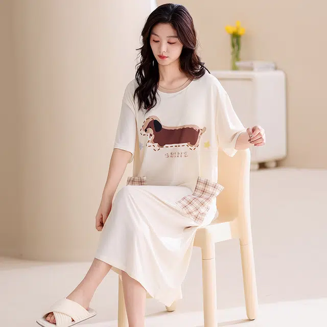 俏佳人 带胸垫垂感亲肤舒适套头休闲慵懒风可外穿透气短袖家居服睡裙 女款