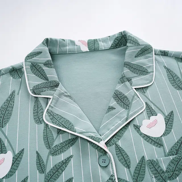 俏佳人 纯棉基础开衫翻领花卉图案休闲宽松透气亲肤可外穿长袖长裤家居服睡衣套装 女款