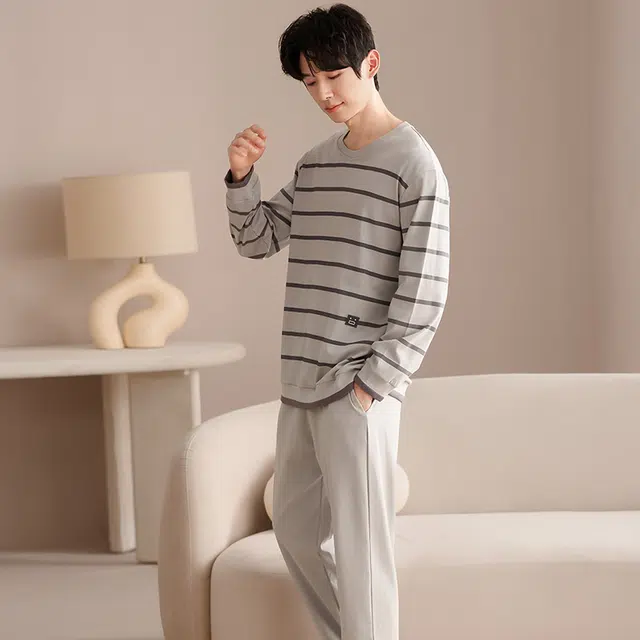 俏佳人 纯棉圆领套头纯色基础条纹休闲宽松柔软舒适可外穿家居服长袖长裤睡衣套装 男款