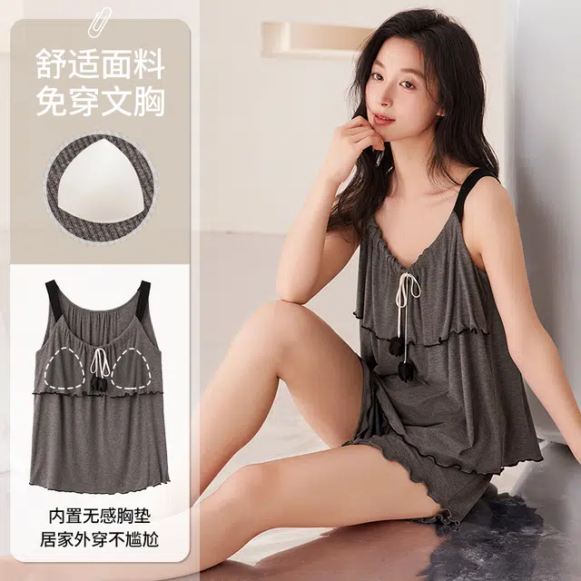 俏佳人 带胸垫甜美无袖吊带设计感舒适可外穿透气垂感亲肤家居服睡衣套装 女款