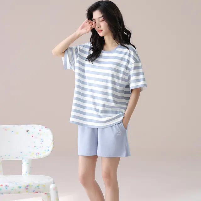 俏佳人 纯棉带胸垫条纹圆领套头舒适透气慵懒休闲可外穿短袖短裤家居服睡衣套装 女款