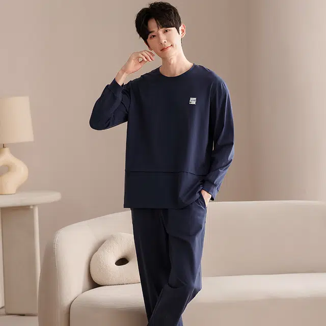 俏佳人 纯棉圆领套头纯色休闲宽松柔软舒适可外穿长袖长裤家居服睡衣套装 男款