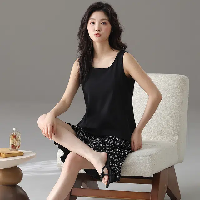 俏佳人 休闲带胸垫基础纯棉舒适透气可外穿背心家居服睡衣套装 女款