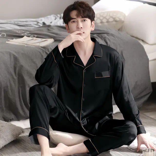 俏佳人 丝滑冰丝高级感翻领开衫纯色简约休闲家居服亲肤舒适透气长袖长裤睡衣套装 男款