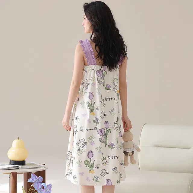 俏佳人 休闲带胸垫基础纯棉舒适透气可外穿吊带家居服无袖睡裙 女款