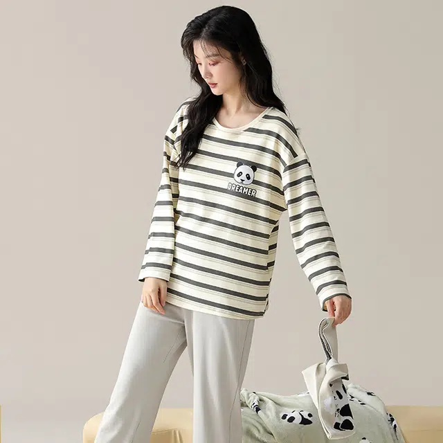 俏佳人 纯棉圆领套头条纹熊猫休闲宽松舒适亲肤透气长袖长裤可外穿家居服睡衣套装 女款