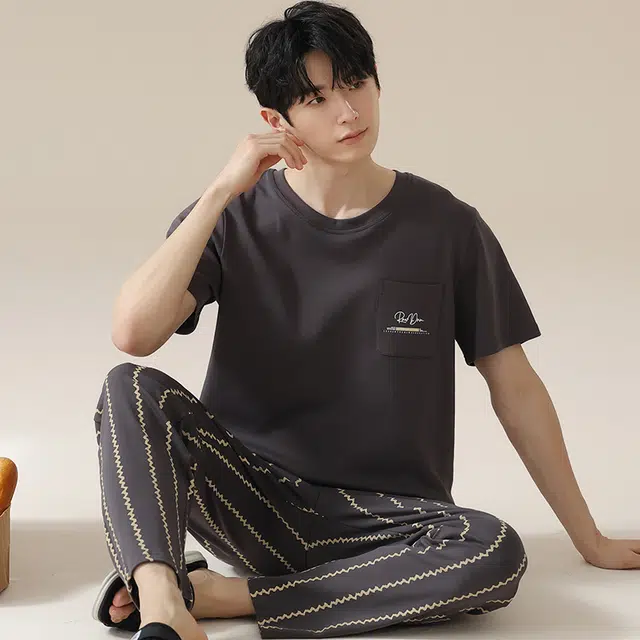 俏佳人 韩版简约柔软亲肤基础休闲短袖长裤慵懒家居服睡衣套装 男款