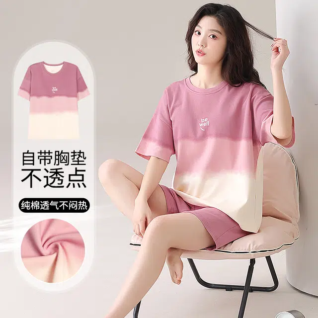 俏佳人 纯棉带胸垫圆领套头舒适透气慵懒休闲可外穿短袖短裤家居服睡衣套装 女款