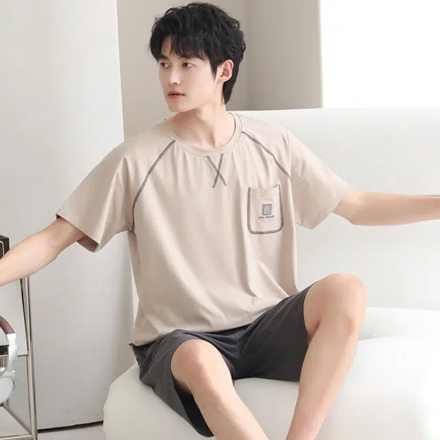 俏佳人 纯棉舒适透气基础休闲慵懒短袖家居服睡衣套装 男款