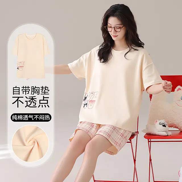 俏佳人 纯棉带胸垫舒适透气百搭休闲可外穿圆领短袖短裤家居服睡衣套装 女款