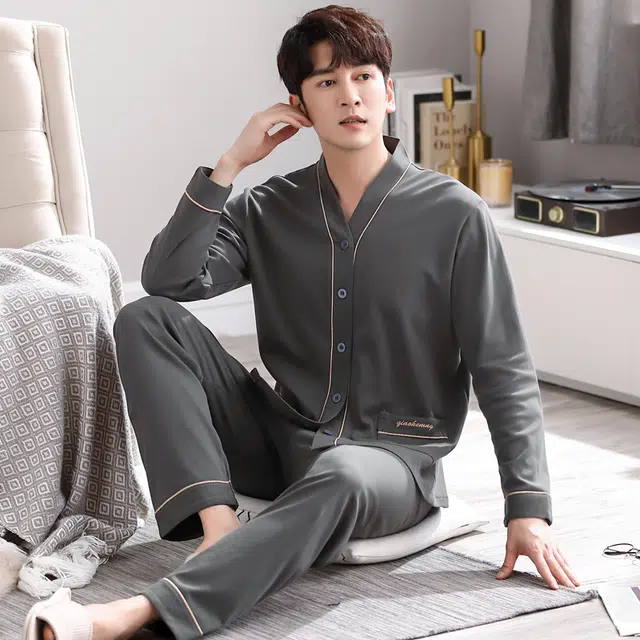 俏佳人 纯色开衫和尚领简约家居服宽松休闲亲肤舒适透气可外穿长袖长裤睡衣套装 男款