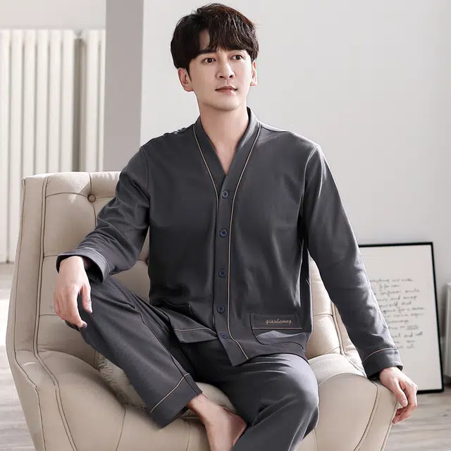 俏佳人 开衫纯色和尚领简约宽松休闲亲肤舒适透气可外穿家居服长袖长裤睡衣套装 男款