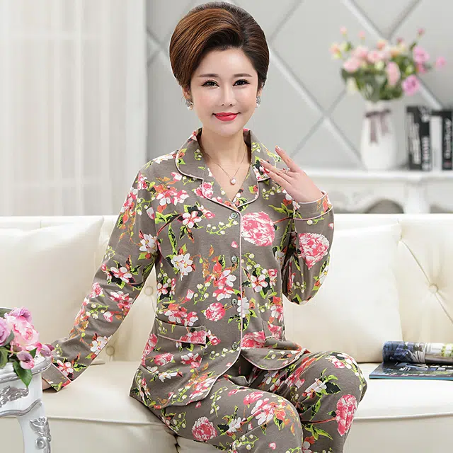 俏佳人 纯棉开衫翻领休闲舒适长袖长裤睡衣套装 女款 图片色