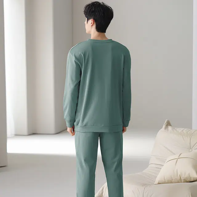 俏佳人 纯棉圆领套头基础休闲宽松柔软舒适可外穿长袖长裤家居服睡衣套装 男款