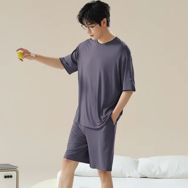 俏佳人 休闲垂感柔软亲肤透气基础短袖慵懒家居服睡衣套装 男款