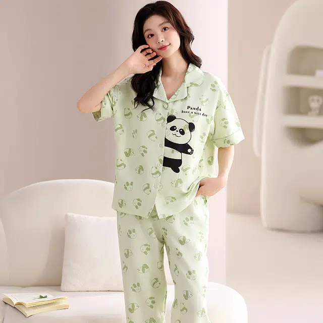 俏佳人 带胸垫植物印花三件套舒适开衫透气亲肤短袖家居服睡衣套装 女款