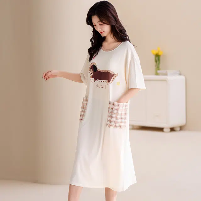 俏佳人 带胸垫垂感亲肤舒适套头休闲慵懒风可外穿透气短袖家居服睡裙 女款