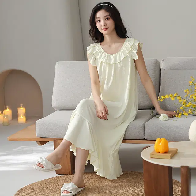 俏佳人 带胸垫纯色圆领透气亲肤休闲无袖家居服睡裙 女款