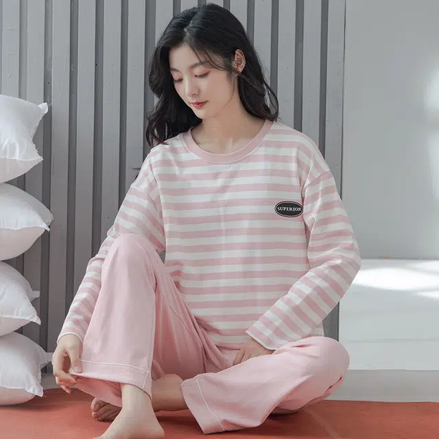 俏佳人 纯棉圆领套头基础条纹休闲宽松舒适亲肤透气长袖长裤可外穿家居服睡衣套装 女款